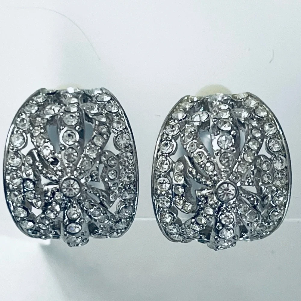 1990s KJL Kenneth J Lane CLIP silver & crystals earrings AS IS - Picture 3 of 8